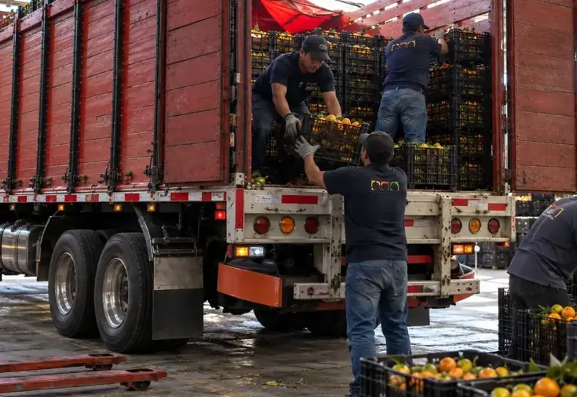 Equipo de Gomqui cargando cajas de fruta al camión de un cliente en el Mercado de Abastos
