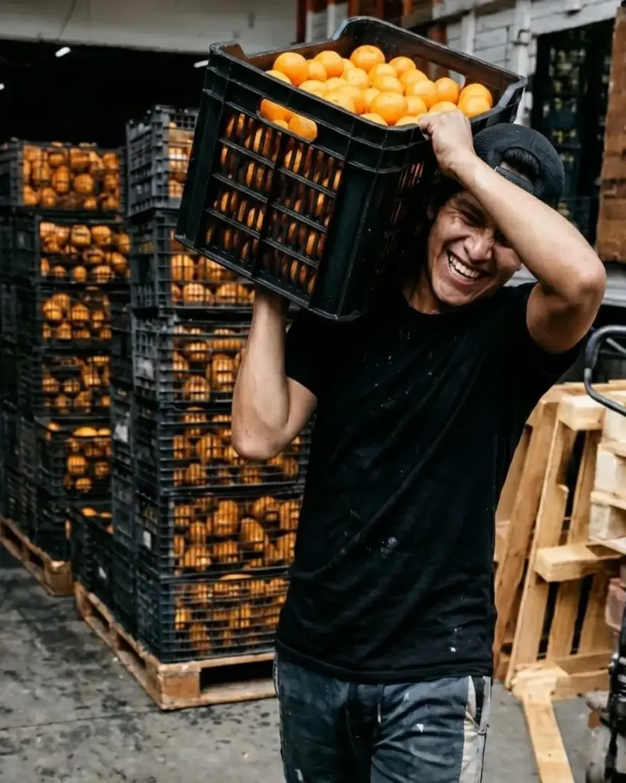 Trabajador de Gomqui cargando una caja de mandarinas en la bodega del Mercado de Abastos de Guadalajara